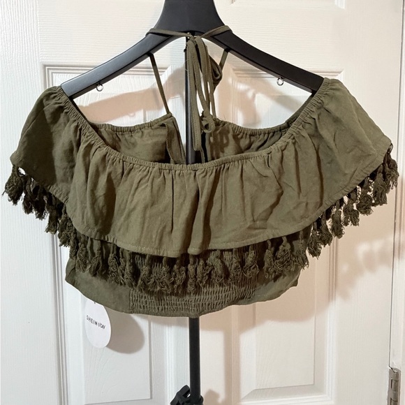 SHEIN Olive Green Off-Shoulder Tassel Crop Top - Picture 2 of 4